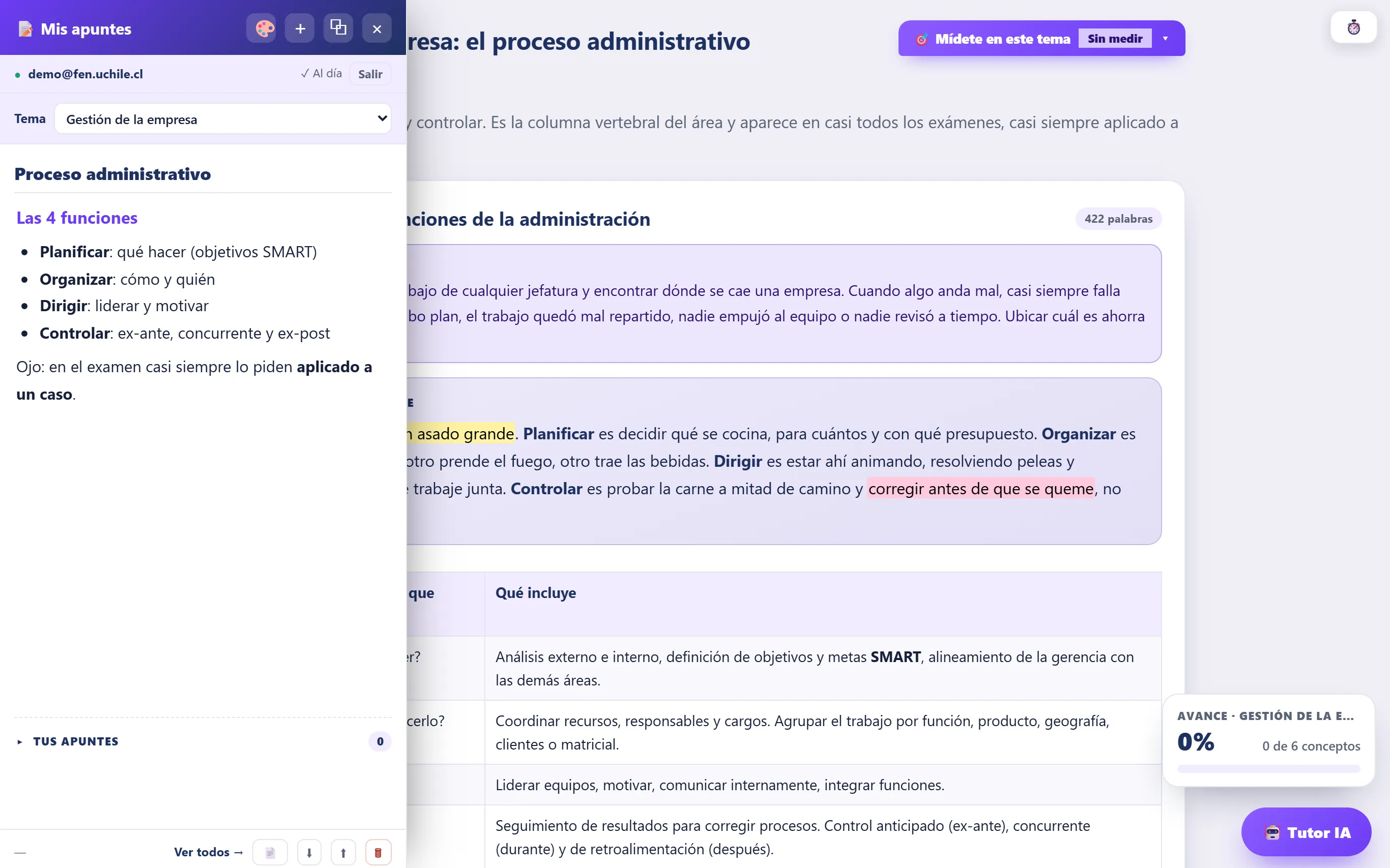 Panel de apuntes abierto a la izquierda