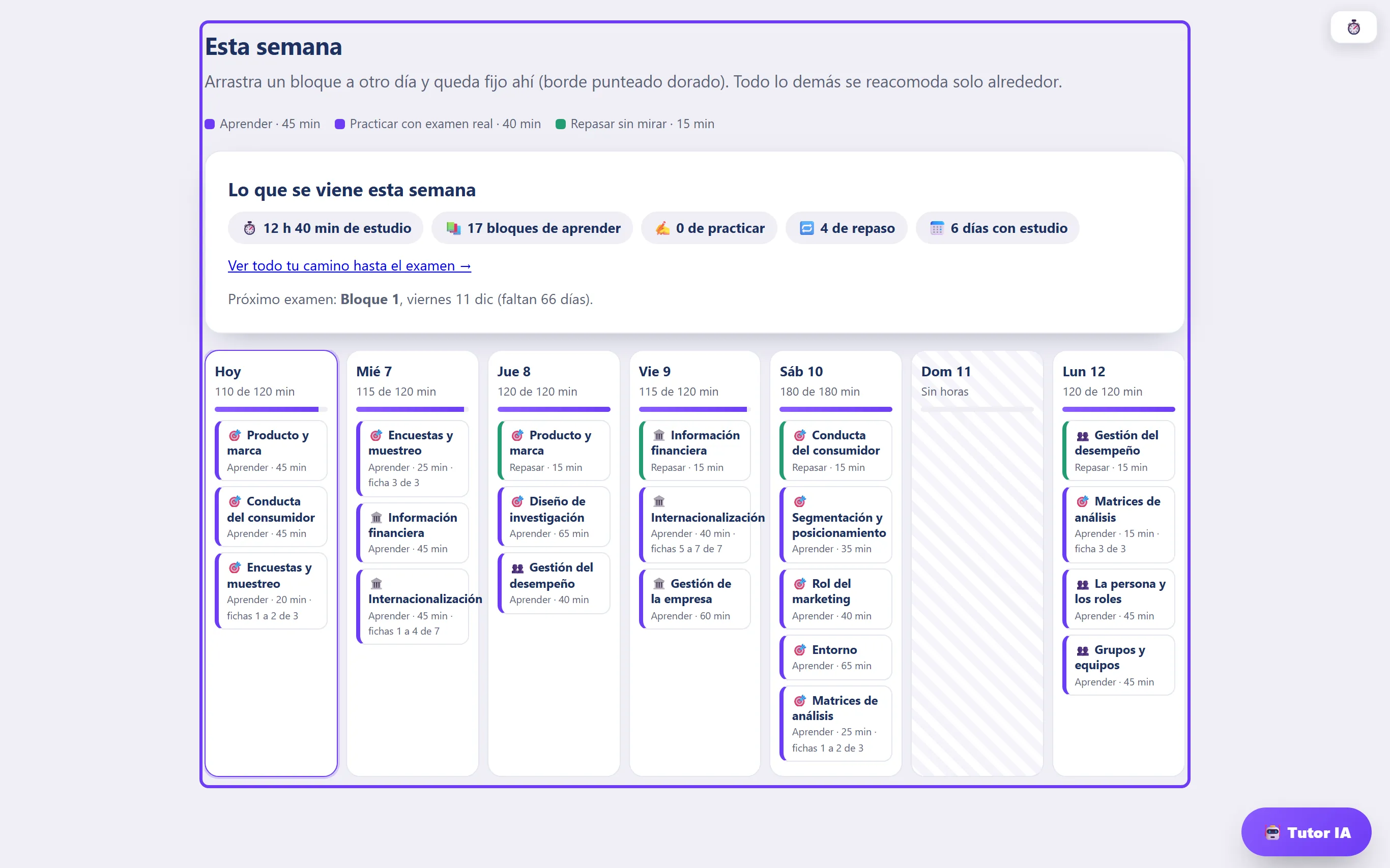 Semana con bloques por día