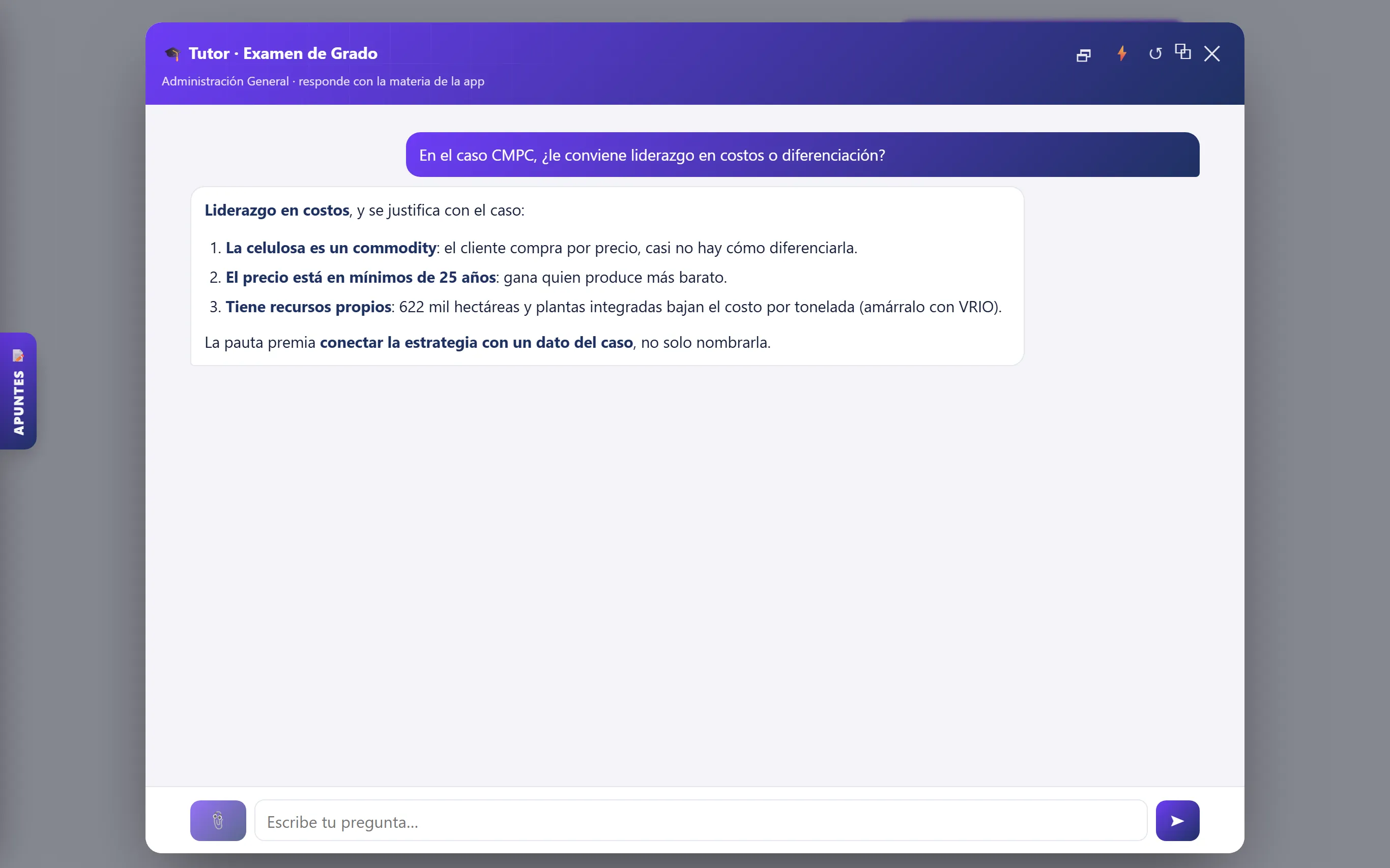Tutor IA respondiendo sobre el caso CMPC